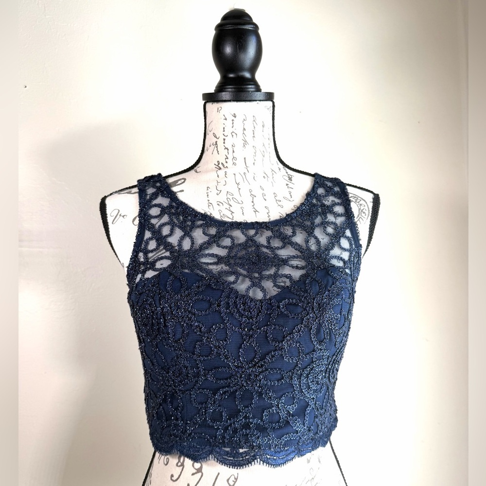 Sequin Hearts Navy Lace Beaded Crop Top